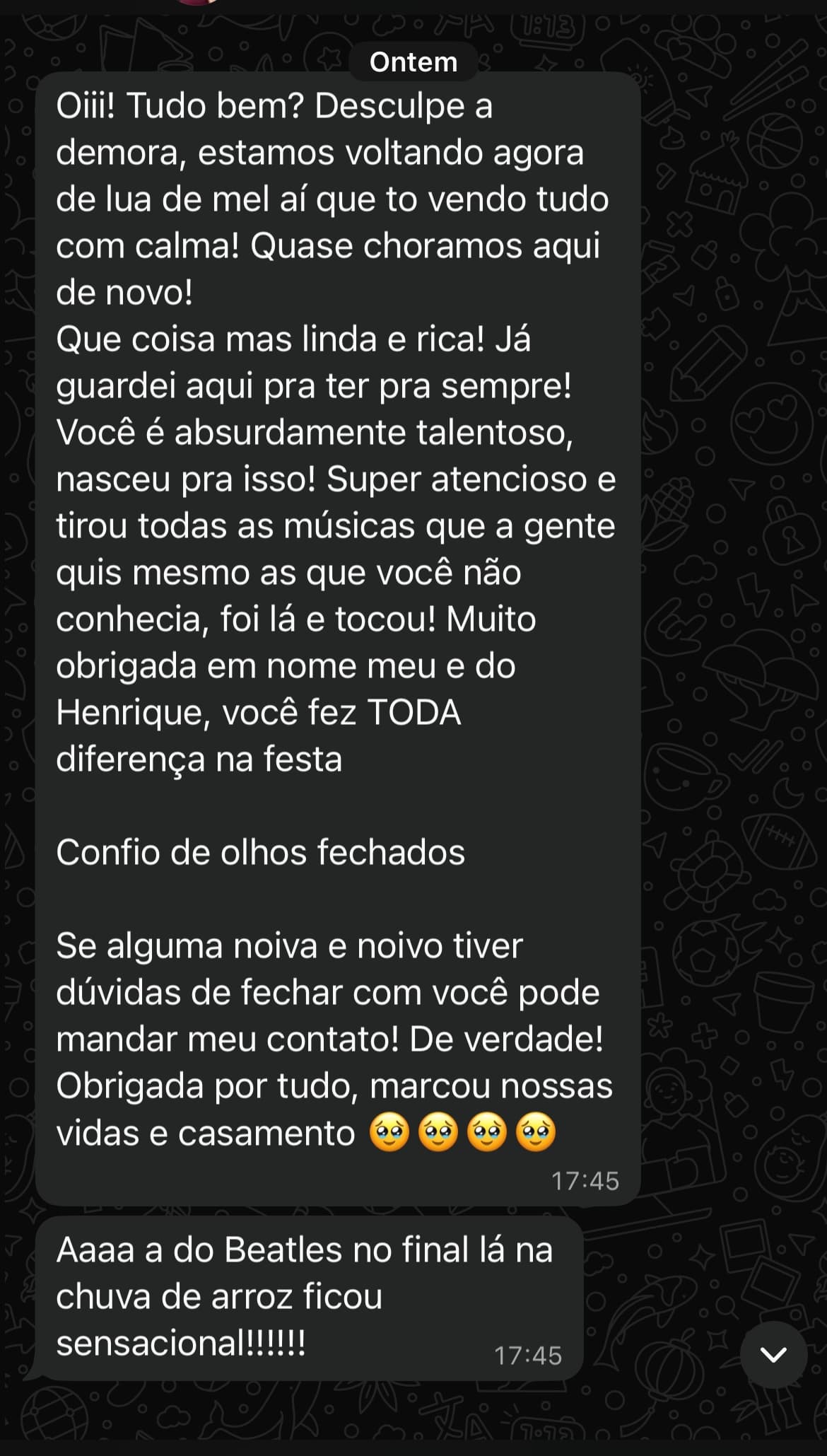 Feedback de noiva — agradecimento após casamento