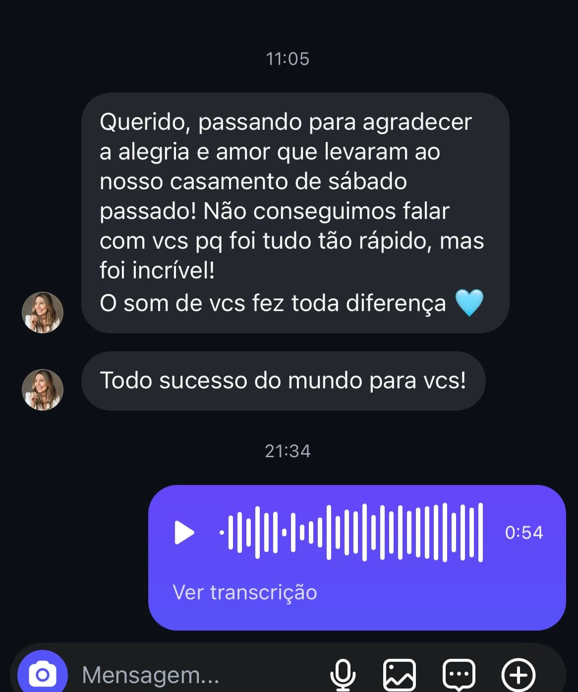Feedback de cliente — agradecimento pela apresentação no casamento